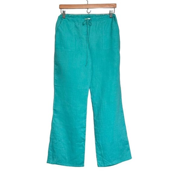NWOT Gold Heart Wide Leg Pants Sz.M Teal Blue 100% Linen Drawstring Vacation - Picture 1 of 12